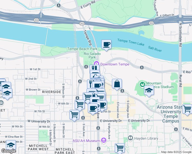 map of restaurants, bars, coffee shops, grocery stores, and more near in Tempe