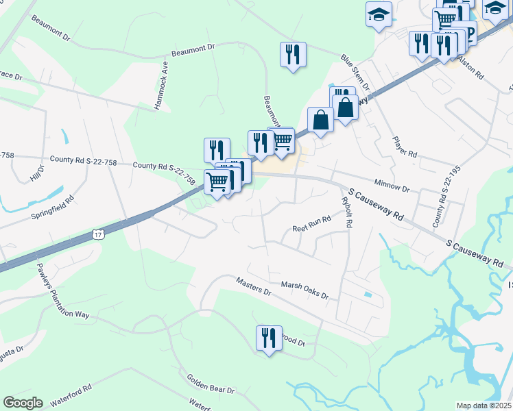 map of restaurants, bars, coffee shops, grocery stores, and more near 287 Navigators Drive in Pawleys Island