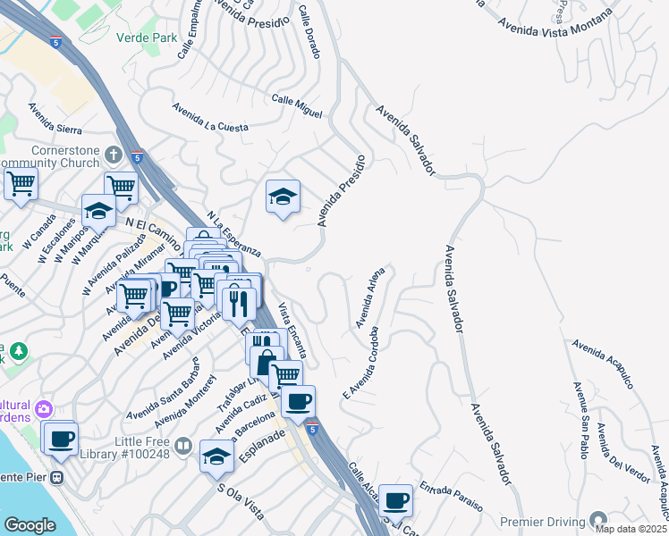 map of restaurants, bars, coffee shops, grocery stores, and more near 249 South La Esperanza in San Clemente