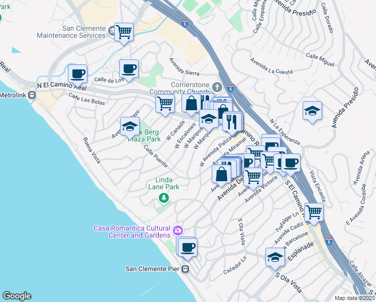 map of restaurants, bars, coffee shops, grocery stores, and more near 139 West Mariposa in San Clemente