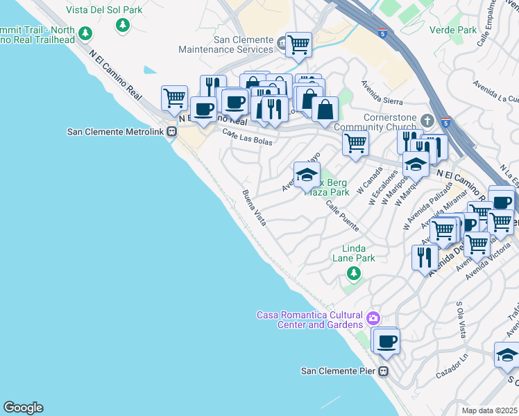 map of restaurants, bars, coffee shops, grocery stores, and more near 1202 Buena Vista in San Clemente