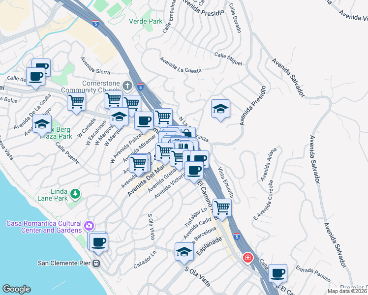 map of restaurants, bars, coffee shops, grocery stores, and more near 105 Avenida de la Estrella in San Clemente