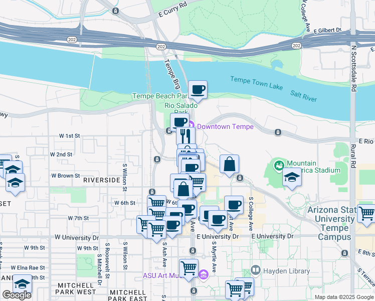 map of restaurants, bars, coffee shops, grocery stores, and more near 222 South Mill Avenue in Tempe