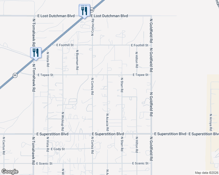 map of restaurants, bars, coffee shops, grocery stores, and more near 1405 North Acacia Road in Apache Junction