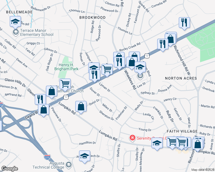 map of restaurants, bars, coffee shops, grocery stores, and more near 2564 Lyman Street in Augusta