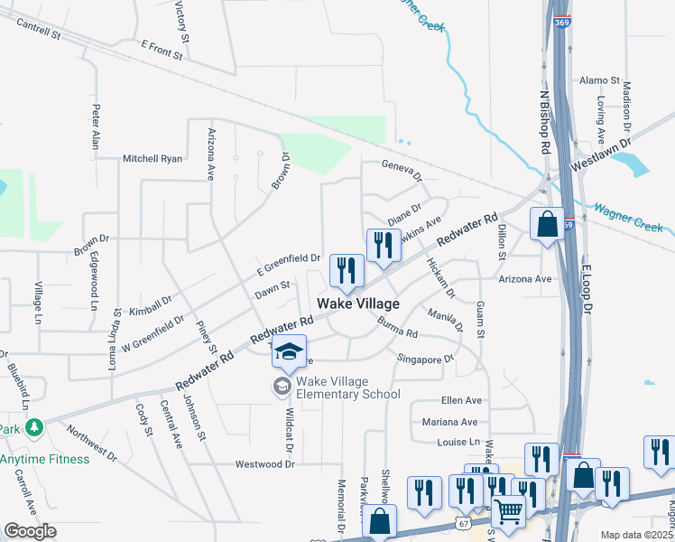 map of restaurants, bars, coffee shops, grocery stores, and more near 506 Burma Road in Wake Village