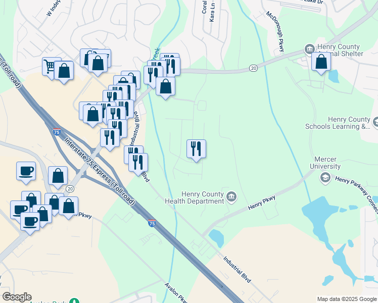 map of restaurants, bars, coffee shops, grocery stores, and more near 183 Regency Park Drive in McDonough