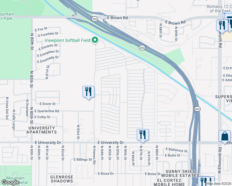 map of restaurants, bars, coffee shops, grocery stores, and more near Ln 2800 in Mesa