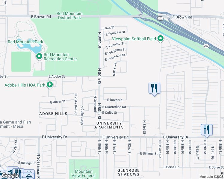 map of restaurants, bars, coffee shops, grocery stores, and more near 8047 East Des Moines Street in Mesa