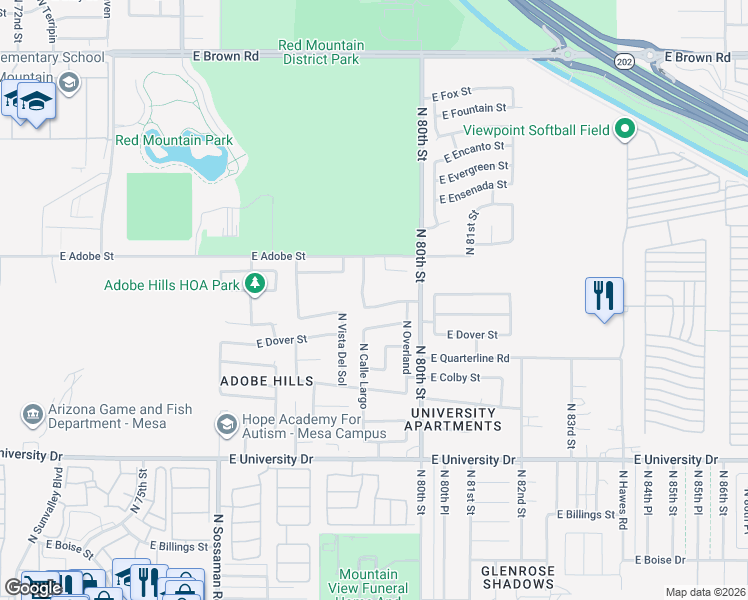 map of restaurants, bars, coffee shops, grocery stores, and more near 7932 East Des Moines Street in Mesa