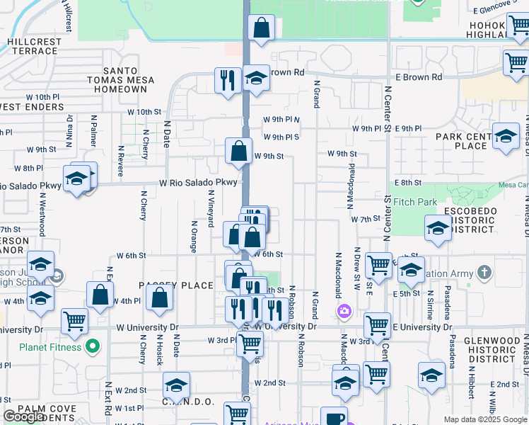 map of restaurants, bars, coffee shops, grocery stores, and more near 645 North Country Club Drive in Mesa