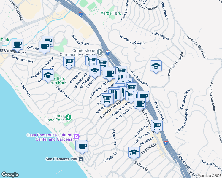 map of restaurants, bars, coffee shops, grocery stores, and more near 137 Avenida Serra in San Clemente