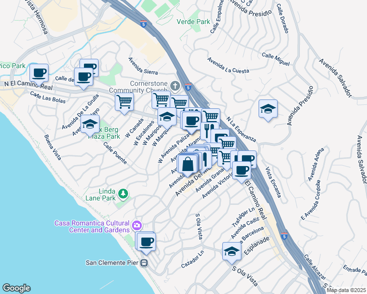 map of restaurants, bars, coffee shops, grocery stores, and more near 316 North Ola Vista in San Clemente
