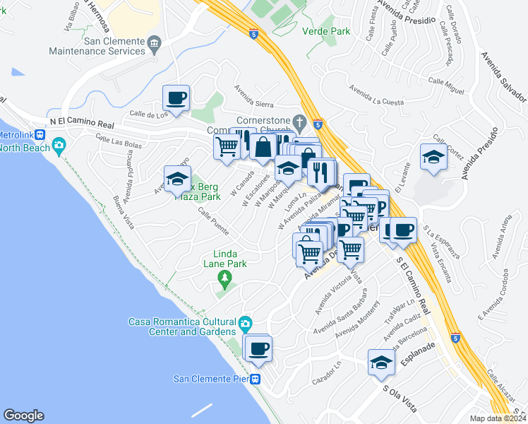 map of restaurants, bars, coffee shops, grocery stores, and more near 148 West Marquita in San Clemente