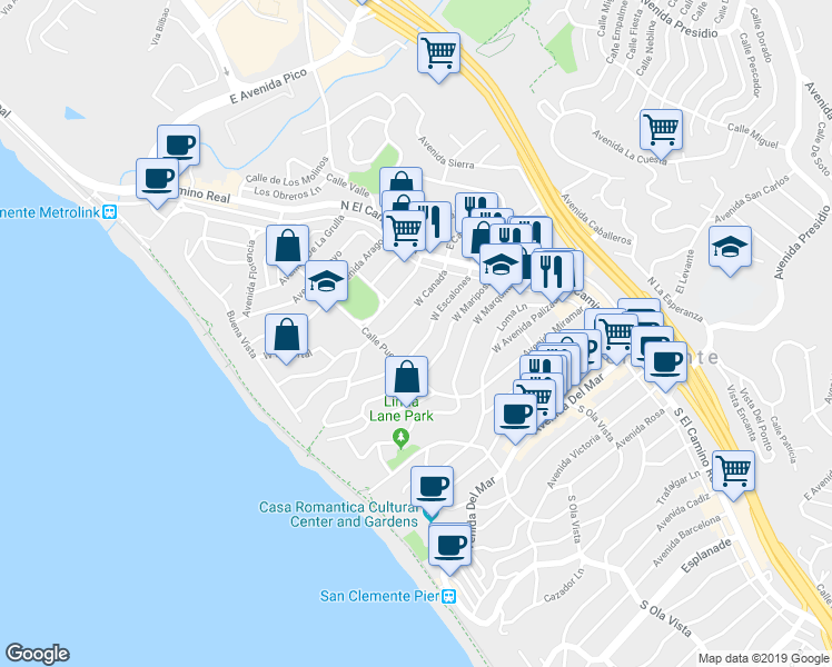 map of restaurants, bars, coffee shops, grocery stores, and more near 155 West Escalones in San Clemente