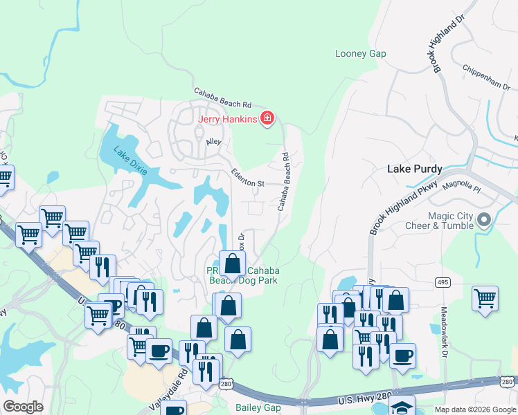 map of restaurants, bars, coffee shops, grocery stores, and more near 185 Lenox Drive in Birmingham