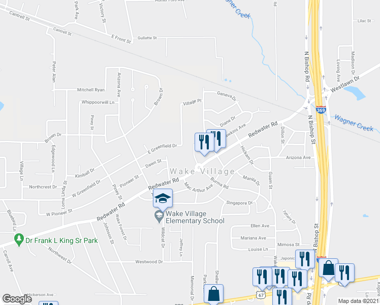 map of restaurants, bars, coffee shops, grocery stores, and more near in Wake Village