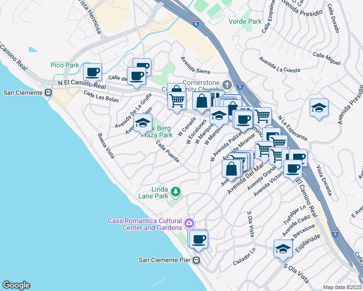 map of restaurants, bars, coffee shops, grocery stores, and more near 148 West Escalones in San Clemente