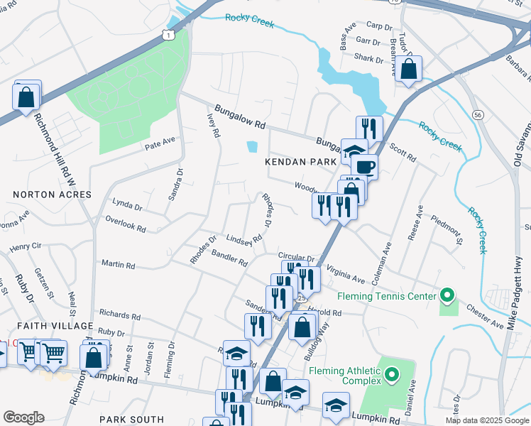 map of restaurants, bars, coffee shops, grocery stores, and more near 2518 Rhodes Drive in Augusta