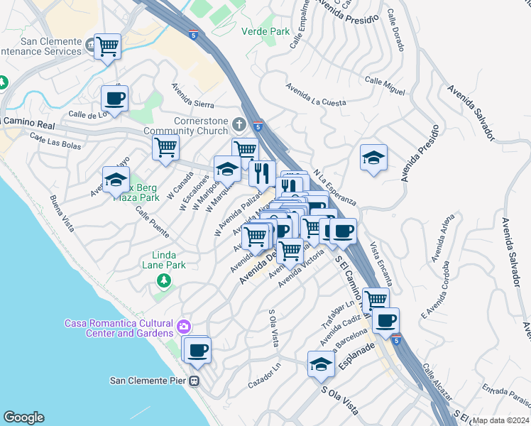 map of restaurants, bars, coffee shops, grocery stores, and more near 139 Avenida Miramar in San Clemente