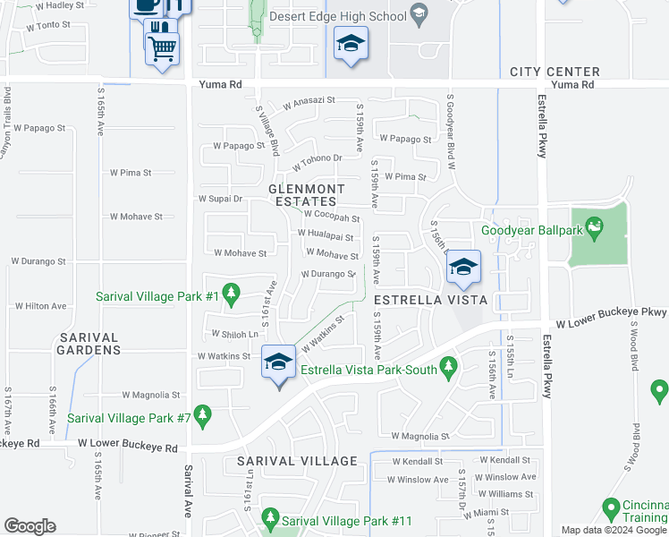 map of restaurants, bars, coffee shops, grocery stores, and more near 16000 West Durango Street in Goodyear