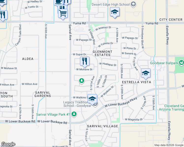 map of restaurants, bars, coffee shops, grocery stores, and more near 16115 West Durango Street in Goodyear