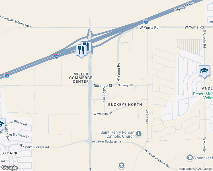 map of restaurants, bars, coffee shops, grocery stores, and more near 24967 West Durango Street in Buckeye