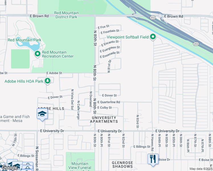 map of restaurants, bars, coffee shops, grocery stores, and more near 8047 East Des Moines Street in Mesa