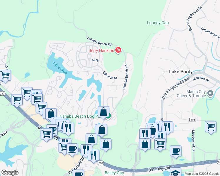 map of restaurants, bars, coffee shops, grocery stores, and more near 1301 Barristers Court in Birmingham