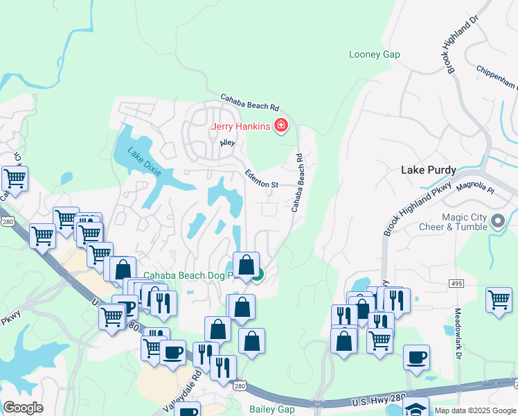 map of restaurants, bars, coffee shops, grocery stores, and more near 1313 Barristers Court in Birmingham