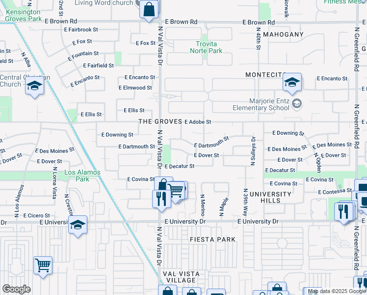 map of restaurants, bars, coffee shops, grocery stores, and more near 3663 East Dover Street in Mesa