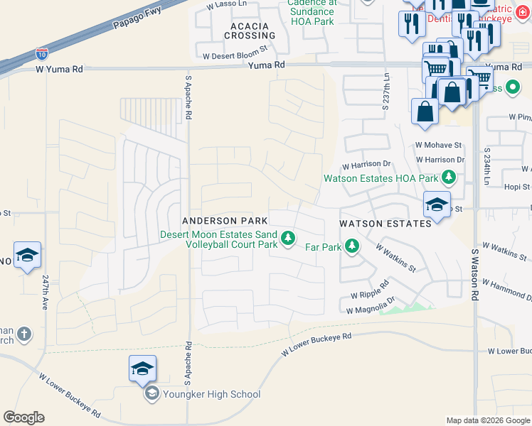 map of restaurants, bars, coffee shops, grocery stores, and more near West Durango Street in Buckeye