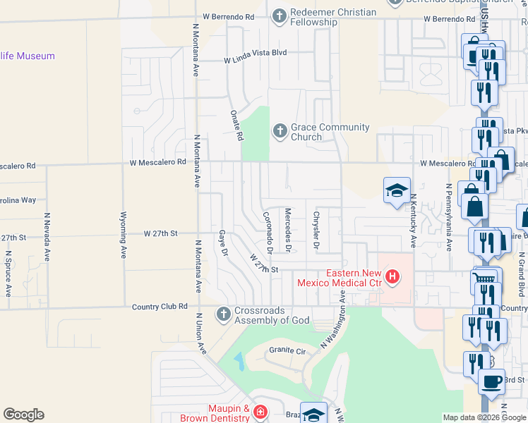 map of restaurants, bars, coffee shops, grocery stores, and more near 2752 Coronado Dr in Roswell