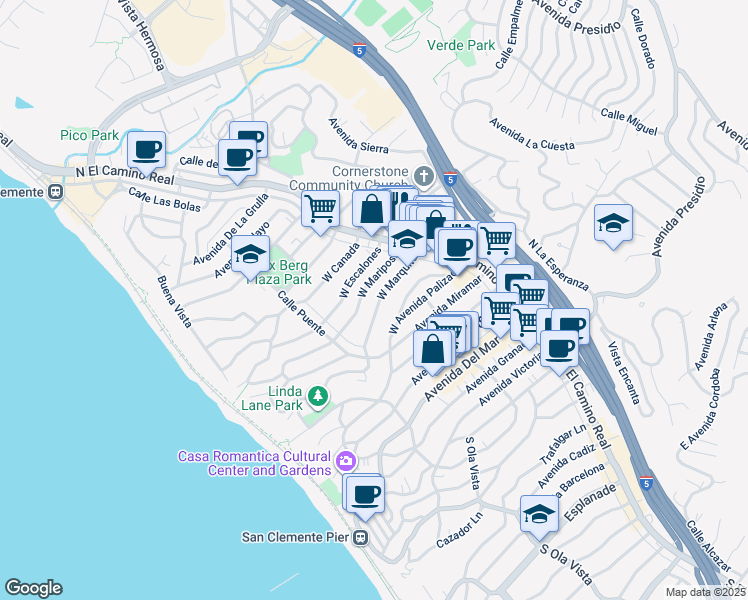map of restaurants, bars, coffee shops, grocery stores, and more near 148 West Marquita in San Clemente
