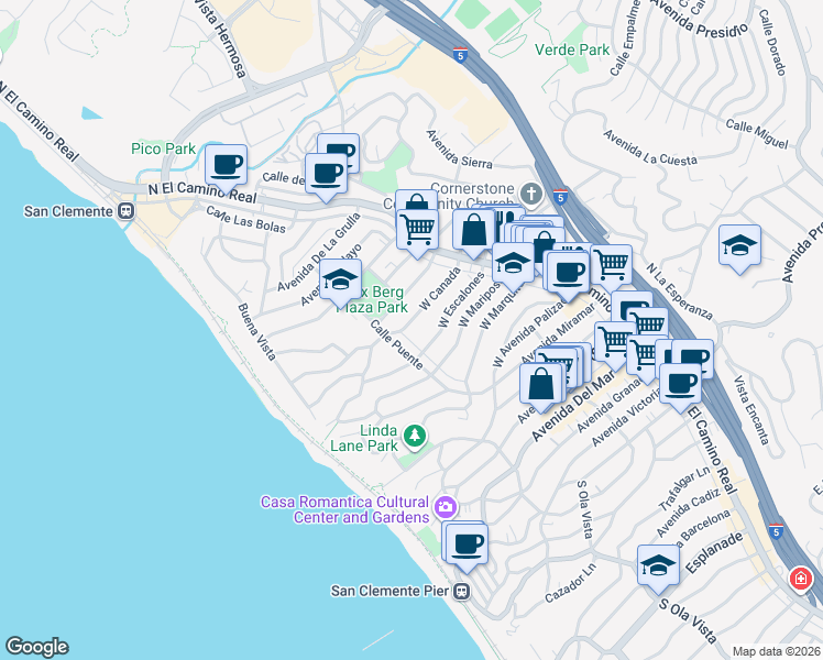 map of restaurants, bars, coffee shops, grocery stores, and more near 145 West Canada in San Clemente