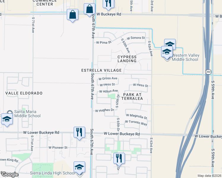 map of restaurants, bars, coffee shops, grocery stores, and more near 6537 West Hilton Avenue in Phoenix