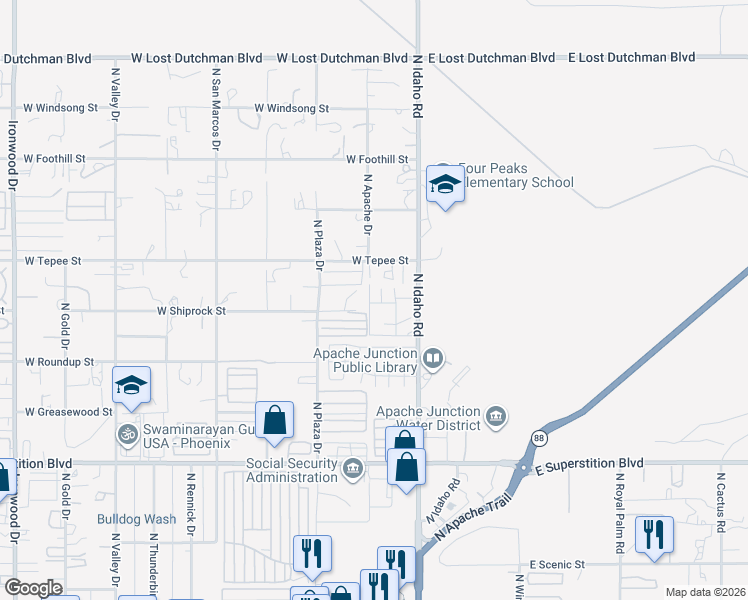 map of restaurants, bars, coffee shops, grocery stores, and more near 1440 North Idaho Road in Apache Junction