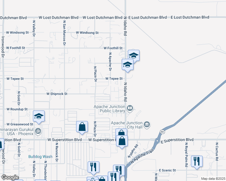 map of restaurants, bars, coffee shops, grocery stores, and more near 1440 North Idaho Road in Apache Junction