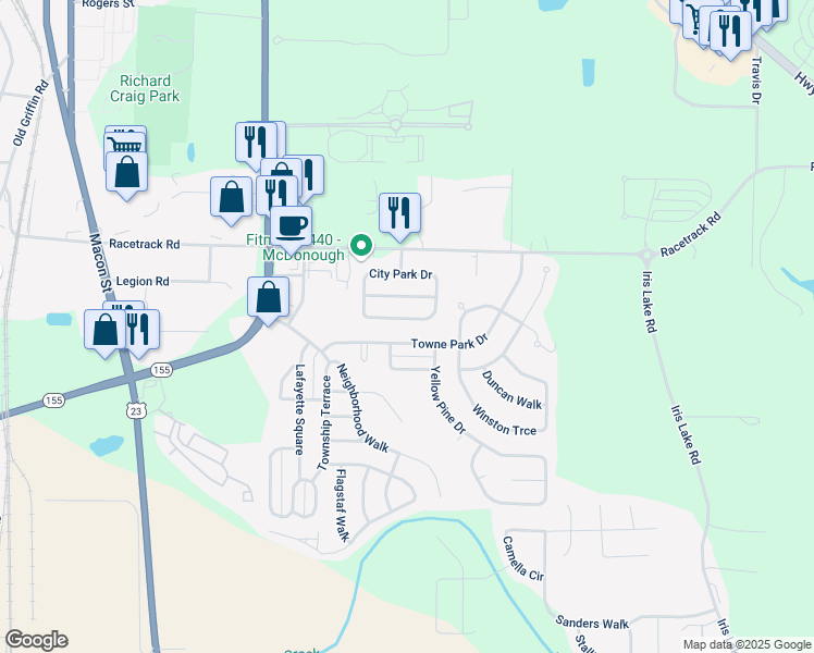 map of restaurants, bars, coffee shops, grocery stores, and more near 1955 Towne Park Drive in McDonough