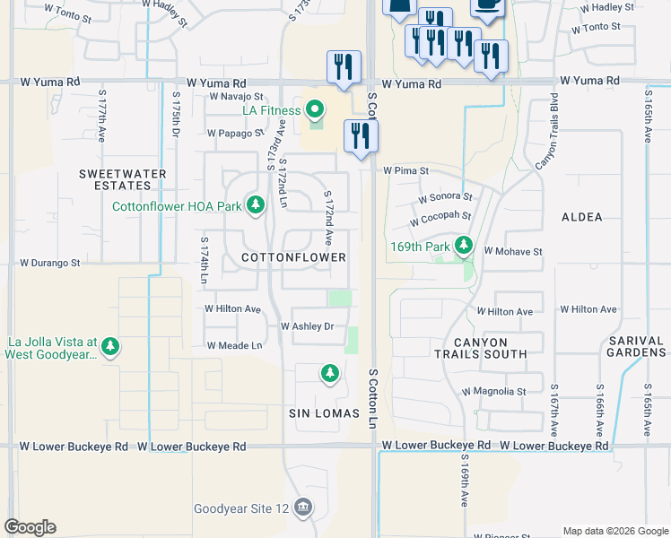 map of restaurants, bars, coffee shops, grocery stores, and more near 1997 South 172nd Avenue in Goodyear