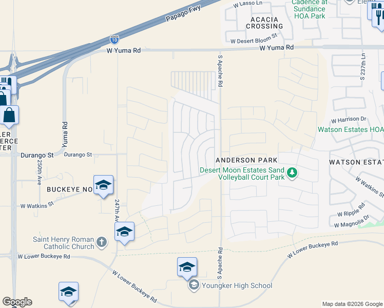 map of restaurants, bars, coffee shops, grocery stores, and more near South Sycamore Drive in Buckeye