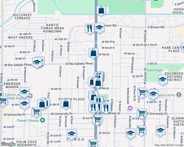 map of restaurants, bars, coffee shops, grocery stores, and more near 636 North Country Club Drive in Mesa