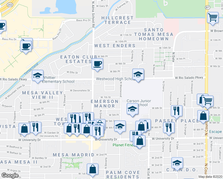 map of restaurants, bars, coffee shops, grocery stores, and more near 1034 West 7th Street in Mesa