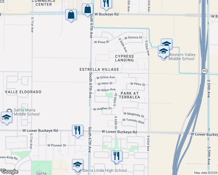 map of restaurants, bars, coffee shops, grocery stores, and more near 6537 West Hilton Avenue in Phoenix