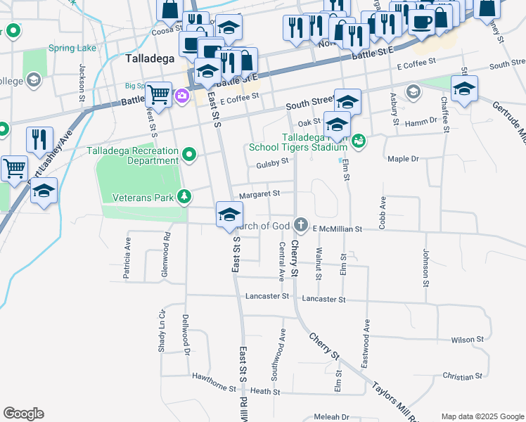 map of restaurants, bars, coffee shops, grocery stores, and more near 622 Park Avenue in Talladega
