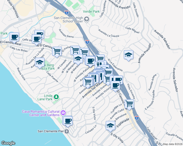 map of restaurants, bars, coffee shops, grocery stores, and more near 133 Avenida Miramar in San Clemente