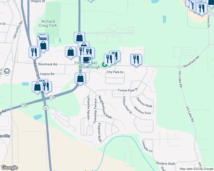 map of restaurants, bars, coffee shops, grocery stores, and more near 845 City Park Drive in McDonough