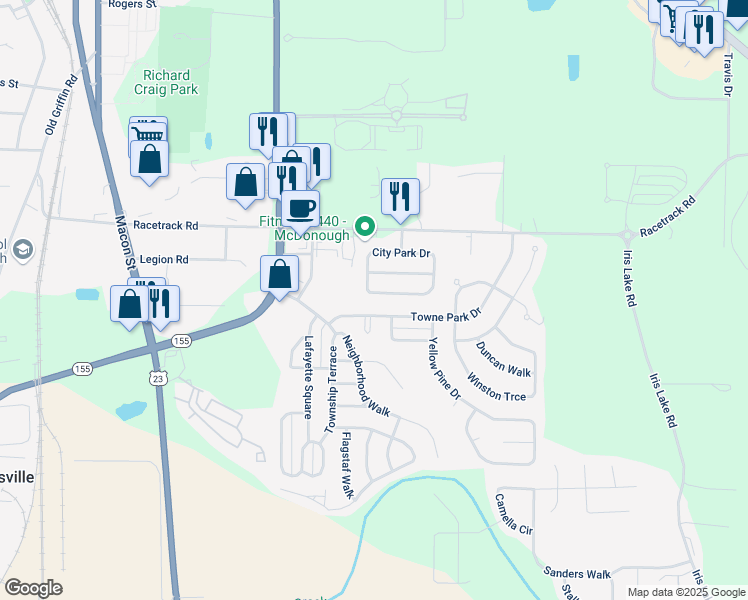 map of restaurants, bars, coffee shops, grocery stores, and more near 845 City Park Drive in McDonough