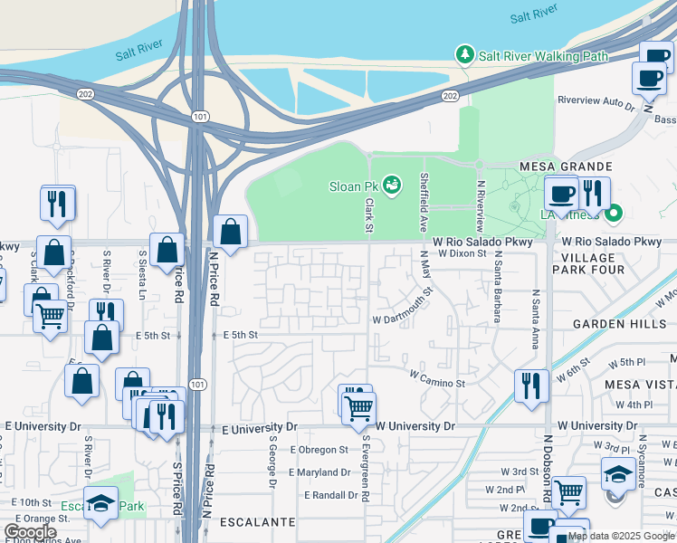 map of restaurants, bars, coffee shops, grocery stores, and more near 2401 East Rio Salado Parkway in Tempe