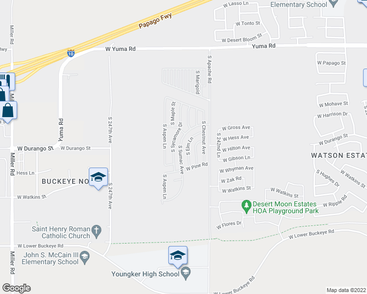 map of restaurants, bars, coffee shops, grocery stores, and more near 2000 South Apache Road in Buckeye